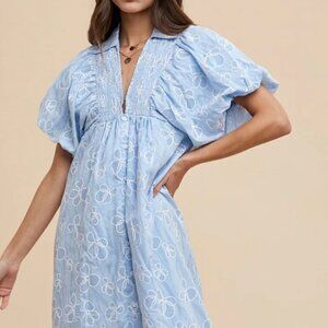 Light Blue Floral Smock Detail Puff Sleeve Dress